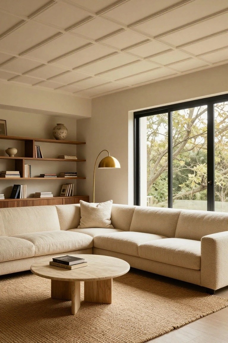 A modern living room with a light beige grid-paneled ceiling, cream L-shaped sofa, wooden coffee table, open wooden shelves with books and pottery, gold arc lamp, and large black-framed sliding window showing trees outside.