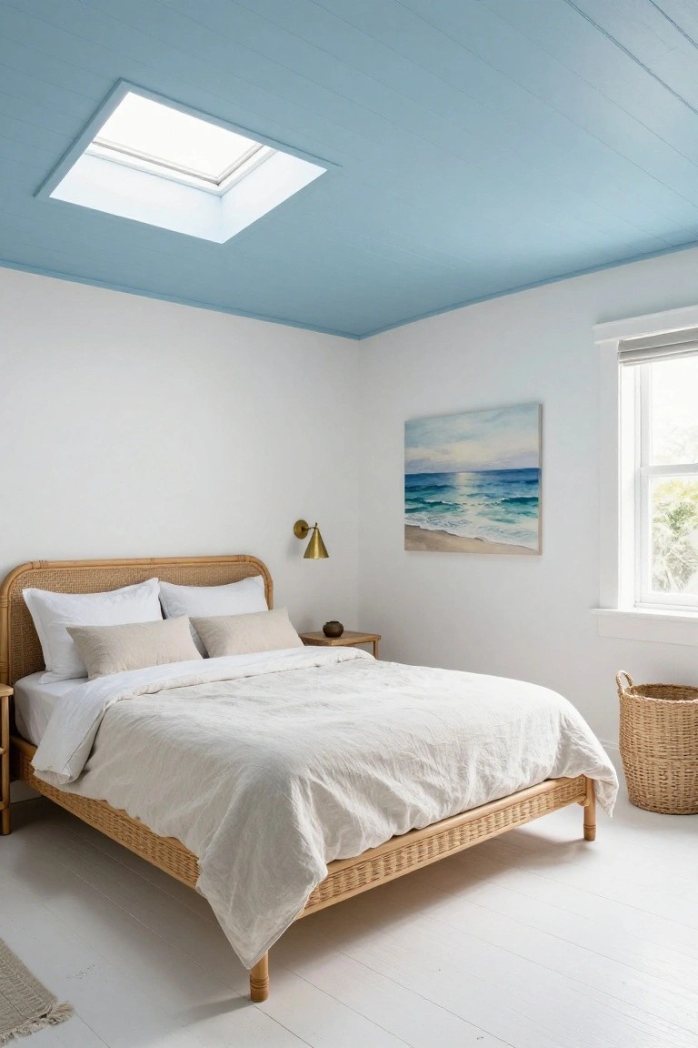 Bedroom with light blue plank ceiling and square skylight, rattan bed with white and beige linens, white walls, gold wall sconce, ocean painting, and woven basket on wood floor.