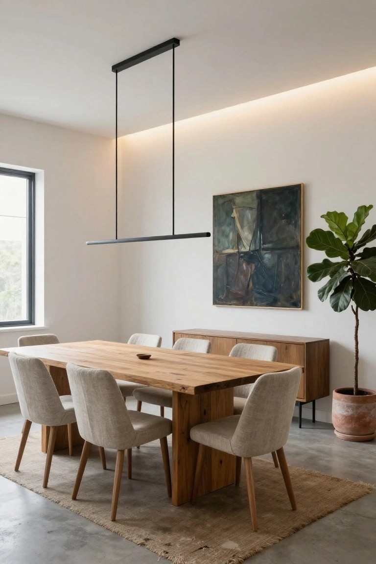 Modern dining room featuring a live-edge wooden table with beige upholstered chairs, black linear pendant light suspended from the ceiling with cove LED lighting, abstract painting on white wall, fiddle leaf fig plant, wooden credenza, and polished concrete floor under a seagrass rug.