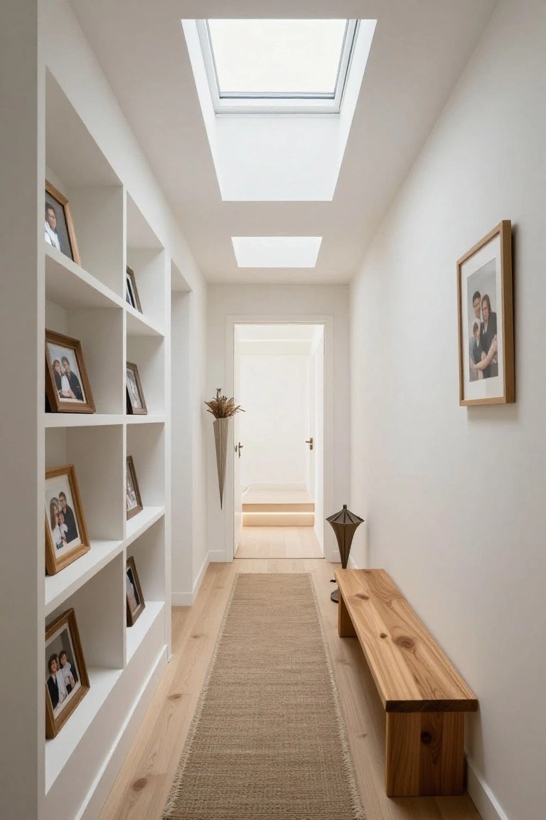 Long white hallway with built-in bookshelves holding framed photos, two rectangular skylights in the ceiling, seagrass runner on light oak floors, wooden bench, metal vase, and open door at end.