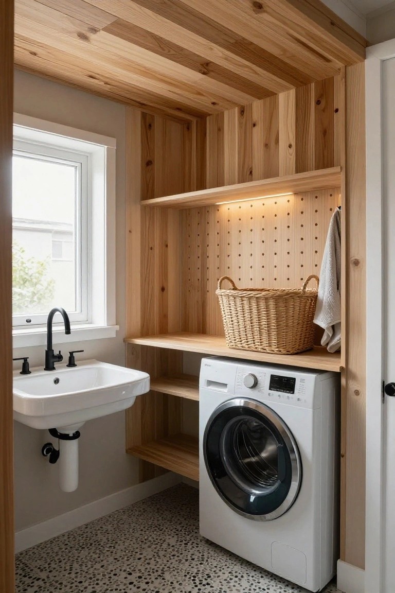 Laundry room with vertical light wood plank ceiling and walls, white farmhouse sink, front-load washer, floating wood shelves holding a wicker basket, pegboard, and window.