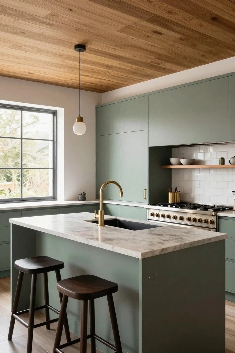 Modern kitchen with light wood plank ceiling, sage green cabinets, white marble island countertop, two wooden stools, brass faucet, and hanging white globe pendant light.