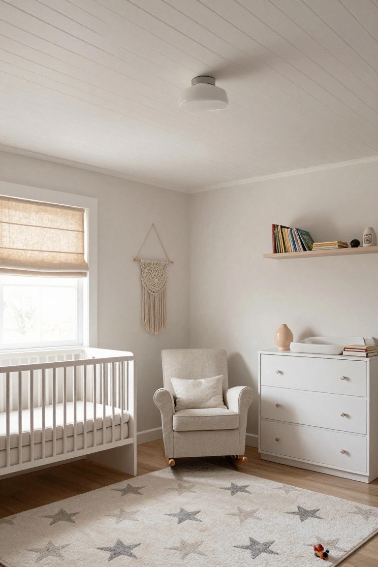 Nursery room with white horizontal wood-paneled ceiling, white crib against the wall, beige armchair, white dresser, floating shelf, macrame wall hanging, and light gray star-patterned rug on wood floors.