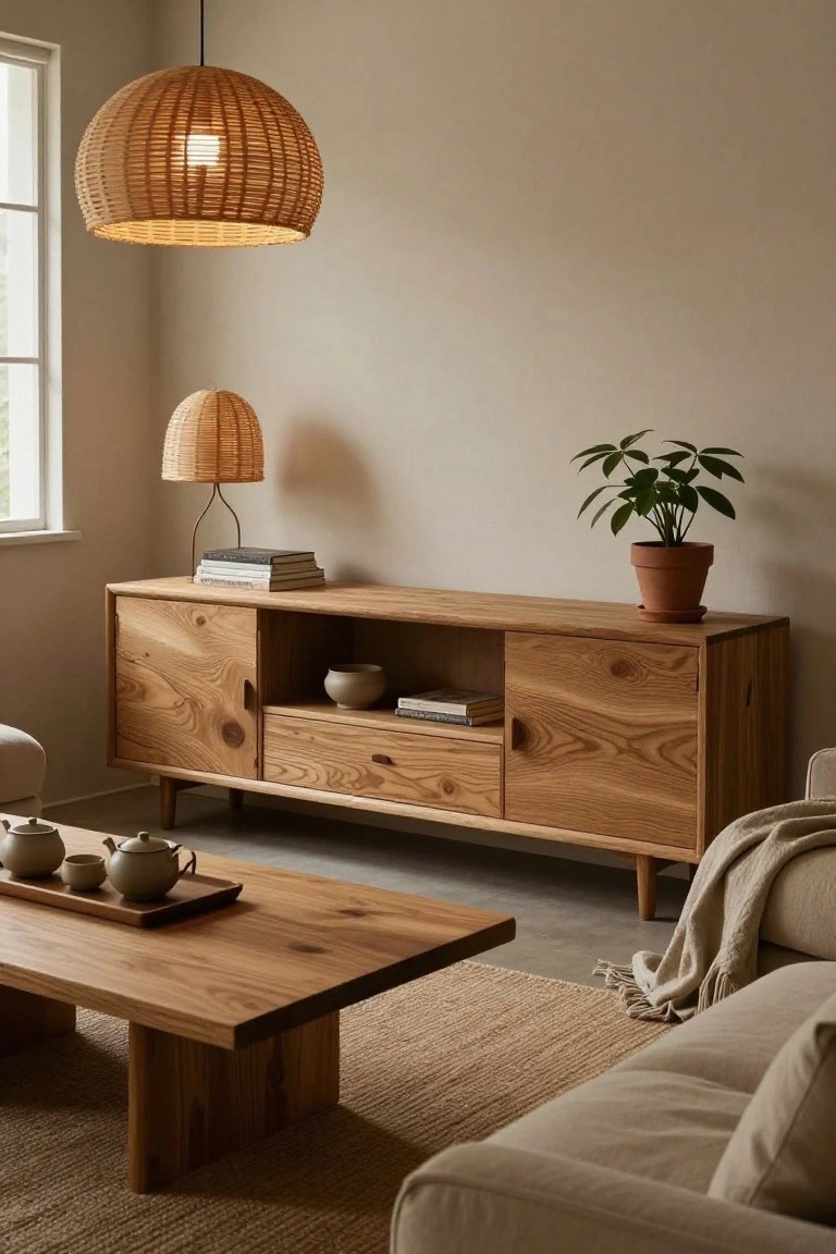 Japandi living room with beige walls, wooden media console topped with books, ceramic bowl, rattan table lamp, and potted plant; large rattan pendant lamp overhead; low wooden coffee table with teaware; beige sofa and seagrass rug in foreground.