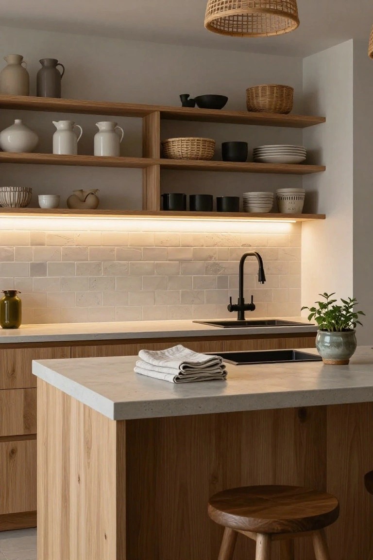 Kitchen interior with light oak cabinets and open shelves holding white and beige ceramics, warm LED strip lighting under the shelves illuminating a light gray subway tile backsplash, black matte faucet over a sink, quartz countertop island with folded linens and a potted plant, and a wooden stool.