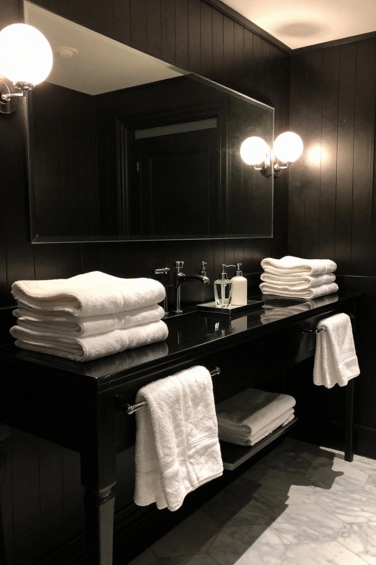 Black double vanity with chrome faucet and stacked white towels in a dark wood-paneled bathroom, flanked by white globe wall sconces and a large framed mirror.
