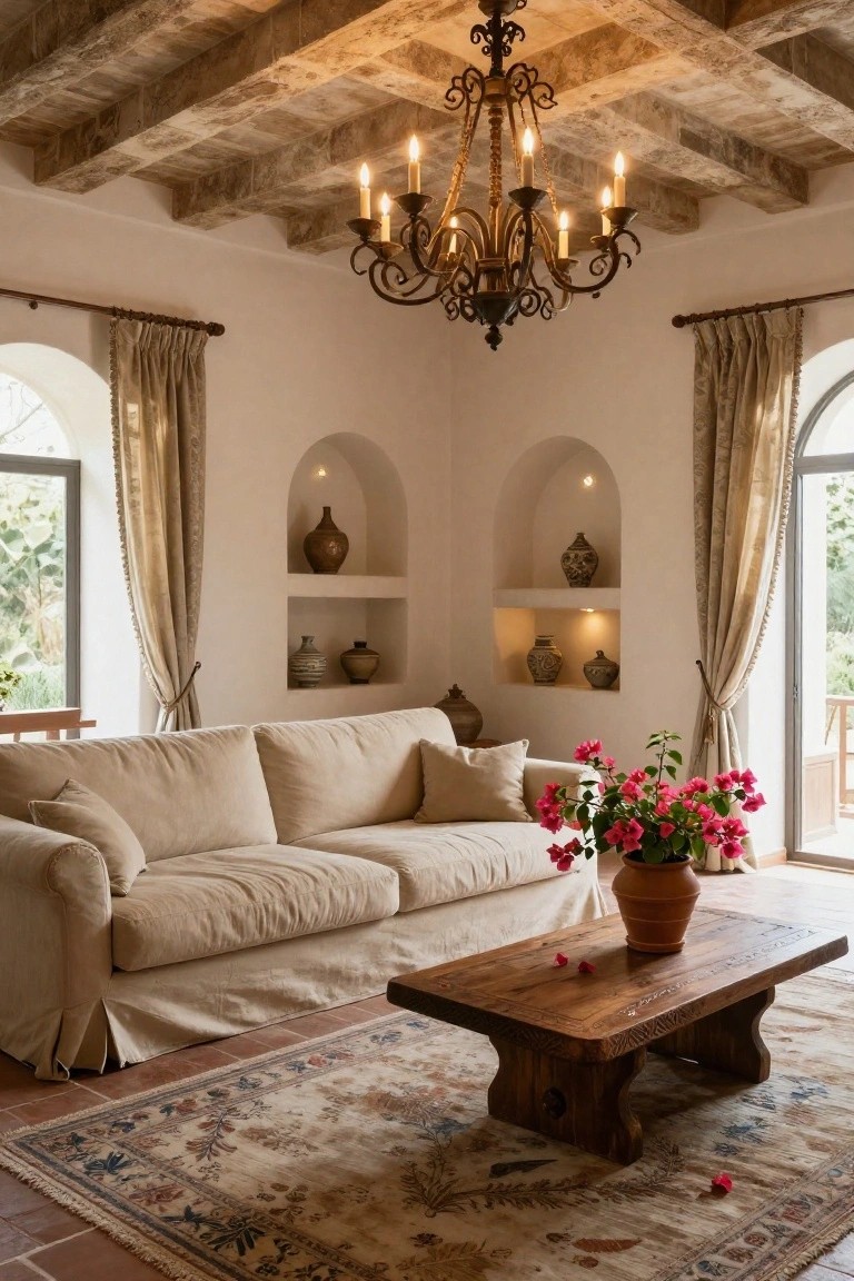 Living room with high exposed wooden beam ceiling lit by wrought-iron chandelier with candles, cream sofa, wooden coffee table with potted bougainvillea flowers, arched wall niches holding pottery, and French doors with beige curtains.