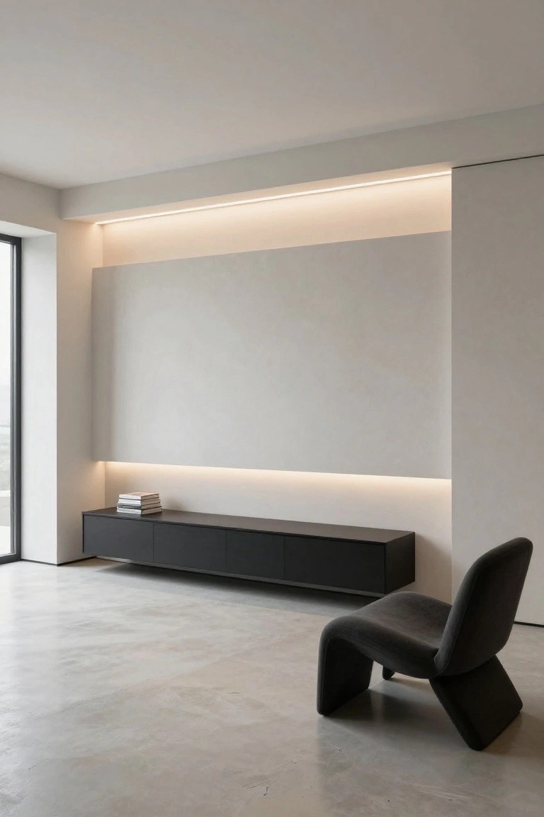 Modern living room interior with high white ceilings and walls featuring recessed horizontal LED light strips, a low black cabinet topped with stacked books, a black curved chair, polished concrete floor, and a large window.