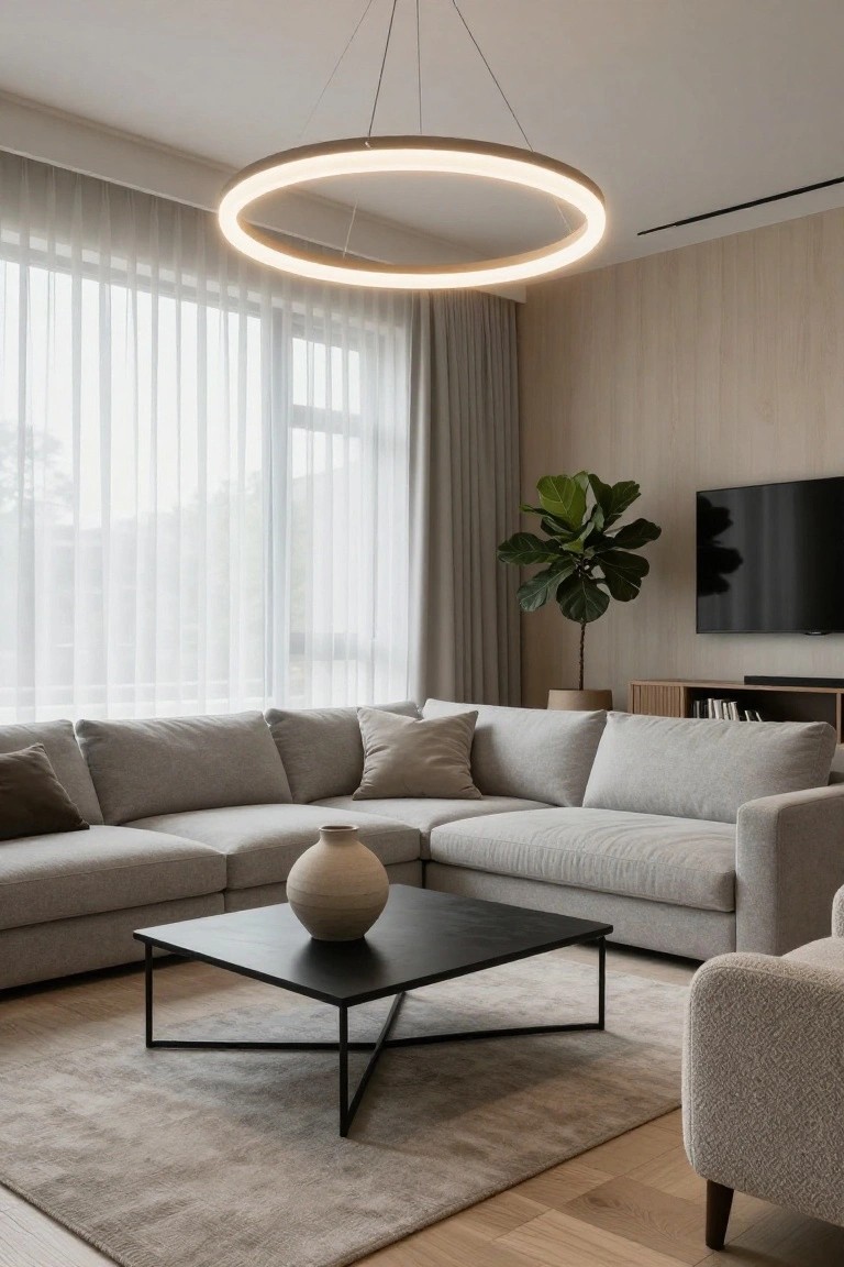 Modern living room with high ceiling and large suspended circular LED ring pendant light over gray L-shaped sofa, black metal coffee table with ceramic vase, potted fiddle leaf fig plant next to wall-mounted TV, wood media console, sheer curtains on large windows, beige rug, and light wood floors.