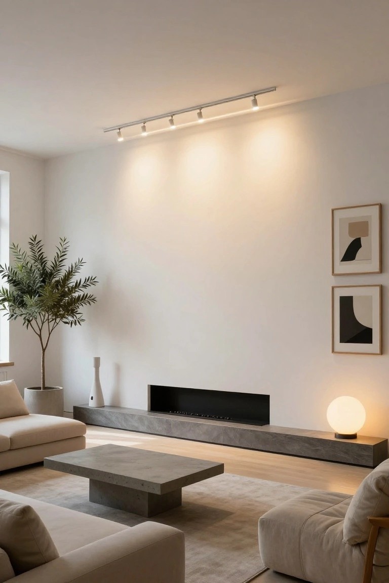 Modern living room with high white ceiling and linear silver track lighting with four downward spots, light beige sofas, concrete coffee table and fireplace bench, potted tree, abstract framed art, and globe lamp.