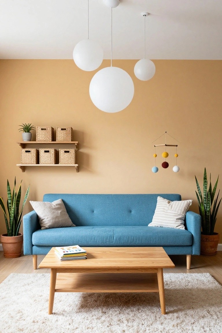 Living room with high beige ceiling and three white globe pendant lights hanging above a blue sofa, wooden coffee table, potted snake plants, woven wall shelves, and white area rug on light wood floor.