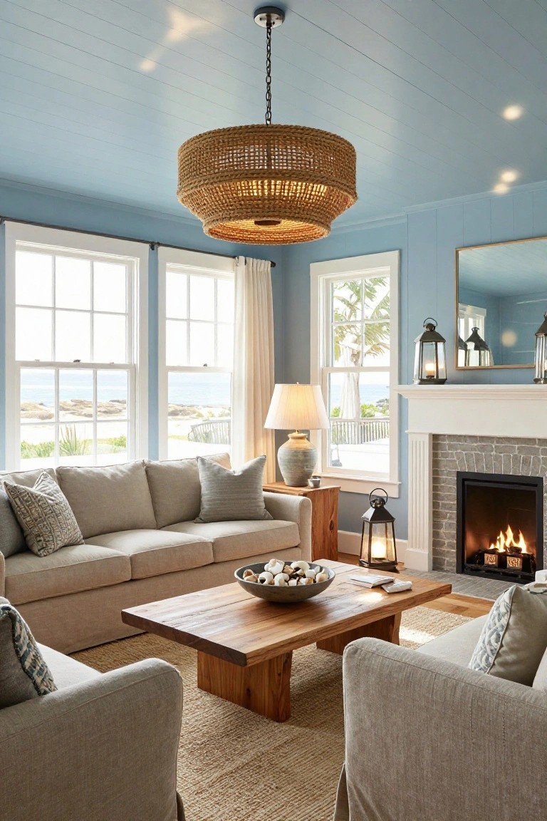 Living room with high blue plank ceiling, large hanging woven basket chandelier, beige sofa and chairs, wooden coffee table, side lamps, brick fireplace, and windows showing ocean view.
