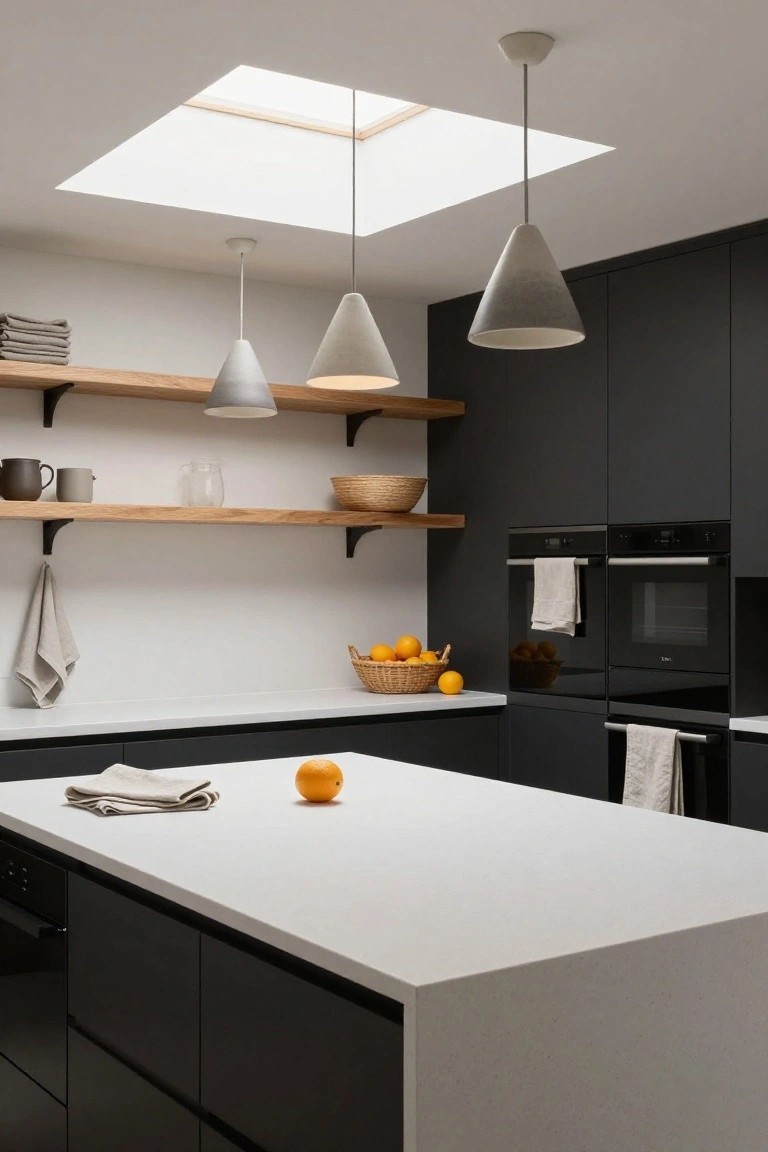 Modern kitchen interior with matte black cabinets, white quartz countertops, oak floating shelves holding dishes and oranges, double wall ovens, and three hanging conical pendant lights in light gray from the ceiling.