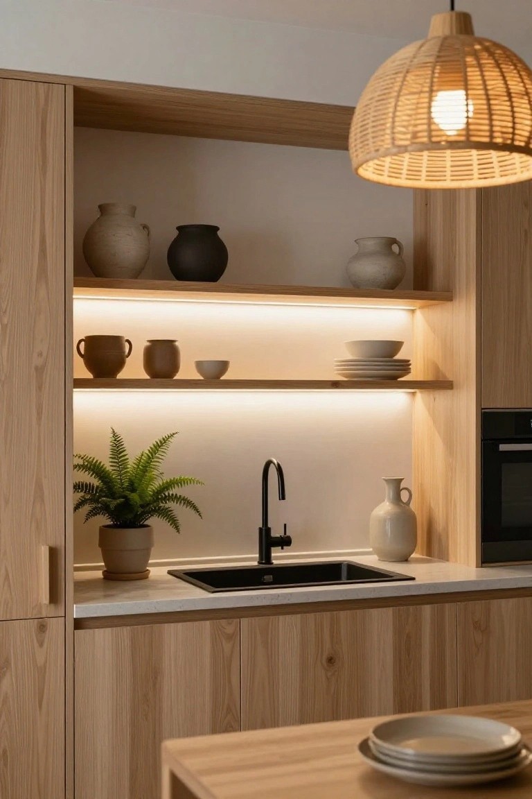 Japandi kitchen with light oak cabinets and open shelves lit by warm white LED strips under the shelves, displaying ceramic vases and bowls, black sink with faucet, woven pendant lamp overhead, potted fern on counter, and wooden table edge visible.
