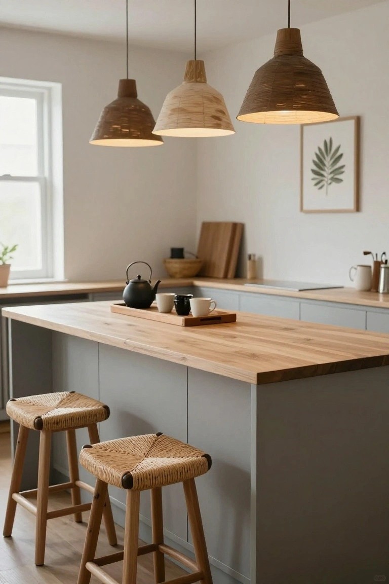 Kitchen interior with light gray cabinets, oak island countertop holding a black kettle and teacups on a wooden tray, two rattan bar stools, plants, and three woven pendant lights hanging above the island near a window.