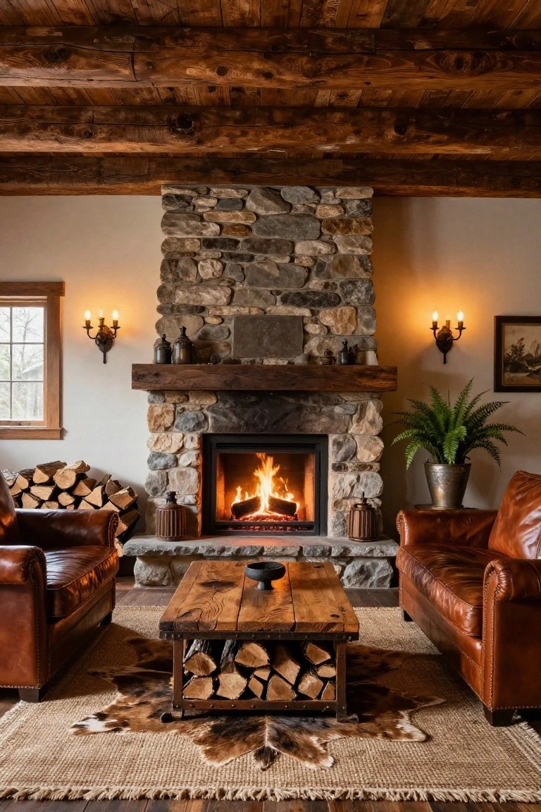 Rustic living room interior with a tall stone fireplace burning wood, flanked by two wrought-iron wall sconces with lit candle bulbs, leather armchairs, wooden coffee table holding firewood, and beige walls with wooden beams overhead.