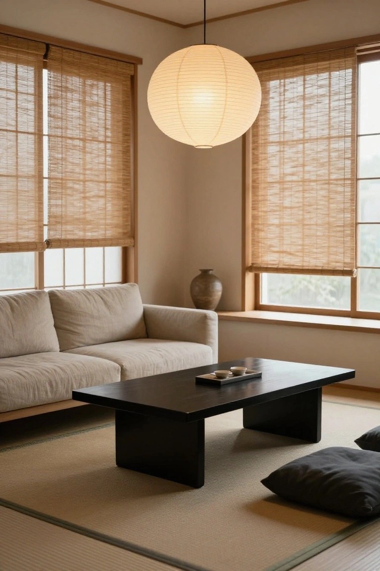 A Japanese-style living room interior with beige sofa, black low coffee table, tatami floor mats, ceramic vase, and a large white paper lantern hanging from the ceiling above bamboo blinds on windows.