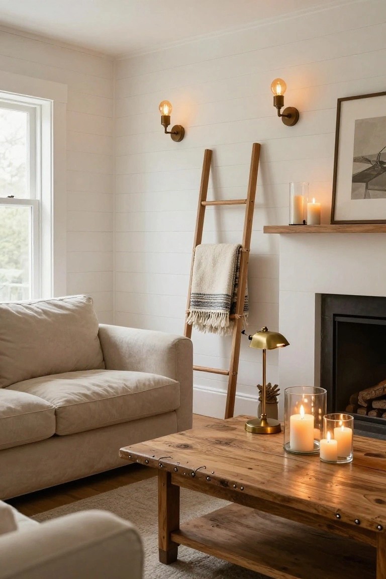Cozy living room corner with cream sofa, wooden coffee table holding lit pillar candles in glass jars, brass banker's lamp, wall sconces with Edison bulbs, wooden ladder shelf with draped blanket, and brick fireplace.