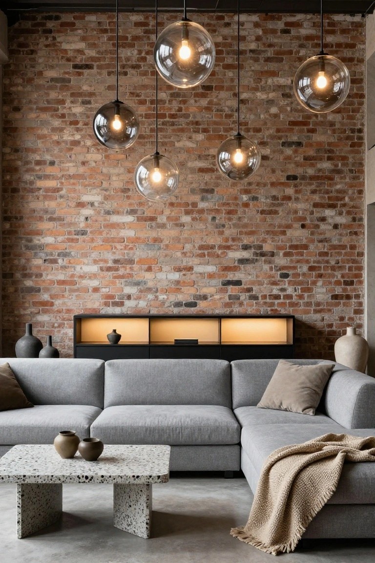 Living room featuring exposed brick wall, cluster of five oversized clear glass pendant lights with warm bulbs hanging from black cords, gray L-shaped sofa, terrazzo coffee table with ceramic vases, and black built-in shelves with pottery.