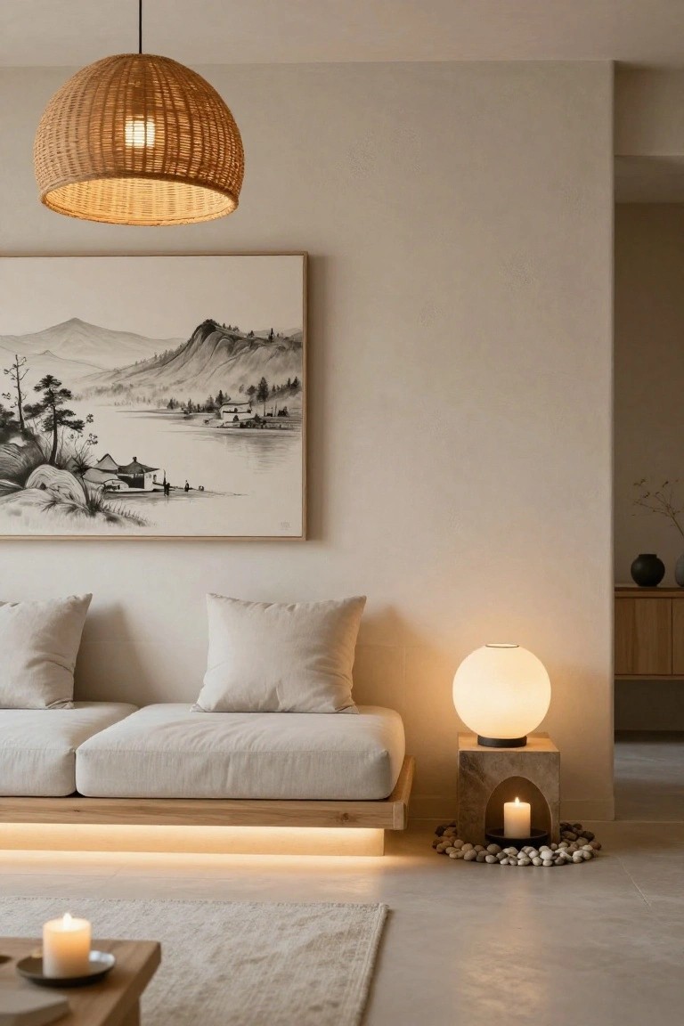Minimalist living room interior with low beige sofa on wooden frame with LED underlighting, rattan pendant lamp overhead, white globe lamp on stone pedestal with candle inside and surrounding pebbles, ink landscape painting on wall, neutral tones, beige rug, and candle on wooden table.