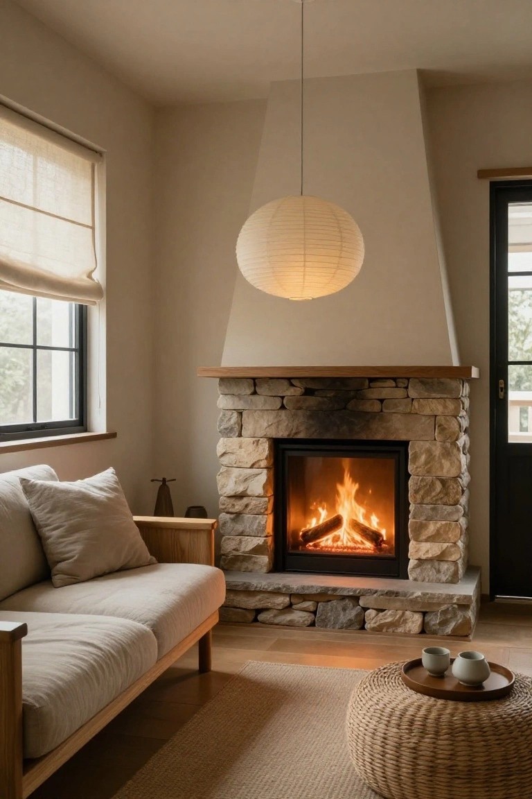 Cozy living room corner featuring a stone fireplace with burning fire, beige linen sofa on wooden frame, hanging white paper lantern light, woven pouf stool with tea tray, and linen window shades.