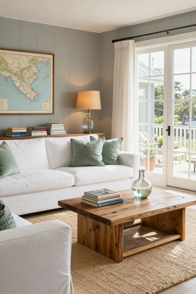 Living room with white slipcovered sofa, green pillows, wooden coffee table holding stacked books and glass vase, table lamp on wooden shelf with books below, large framed map on gray shiplap wall, sheer curtains on French doors to porch.