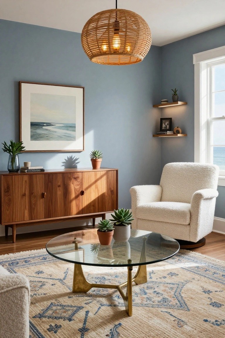 Blue-walled living room corner with white upholstered armchair, glass-top coffee table on swivel base, wooden credenza, potted plants, framed ocean artwork, floating shelves, rattan pendant light, and window overlooking sea.