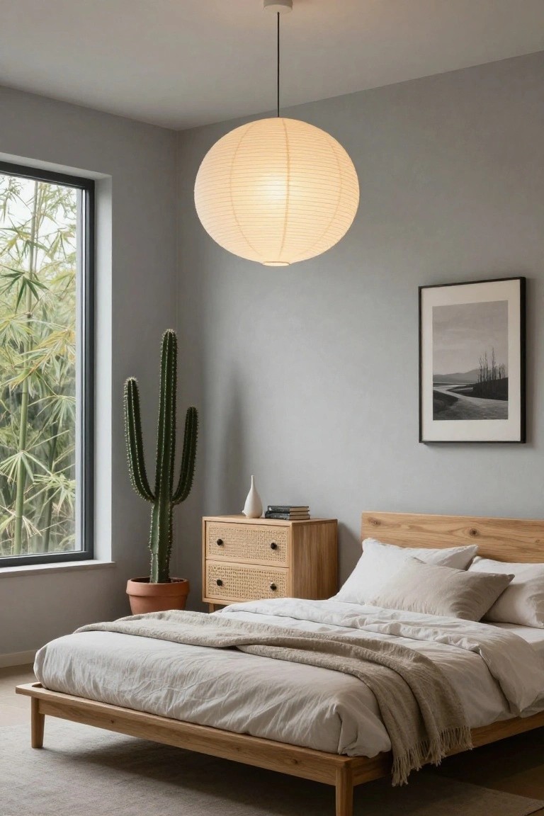 A minimalist bedroom with light gray walls, a large white paper lantern pendant light hanging from the ceiling over a low wooden platform bed with white linens, a rattan dresser, potted cactus, and window showing bamboo outside.