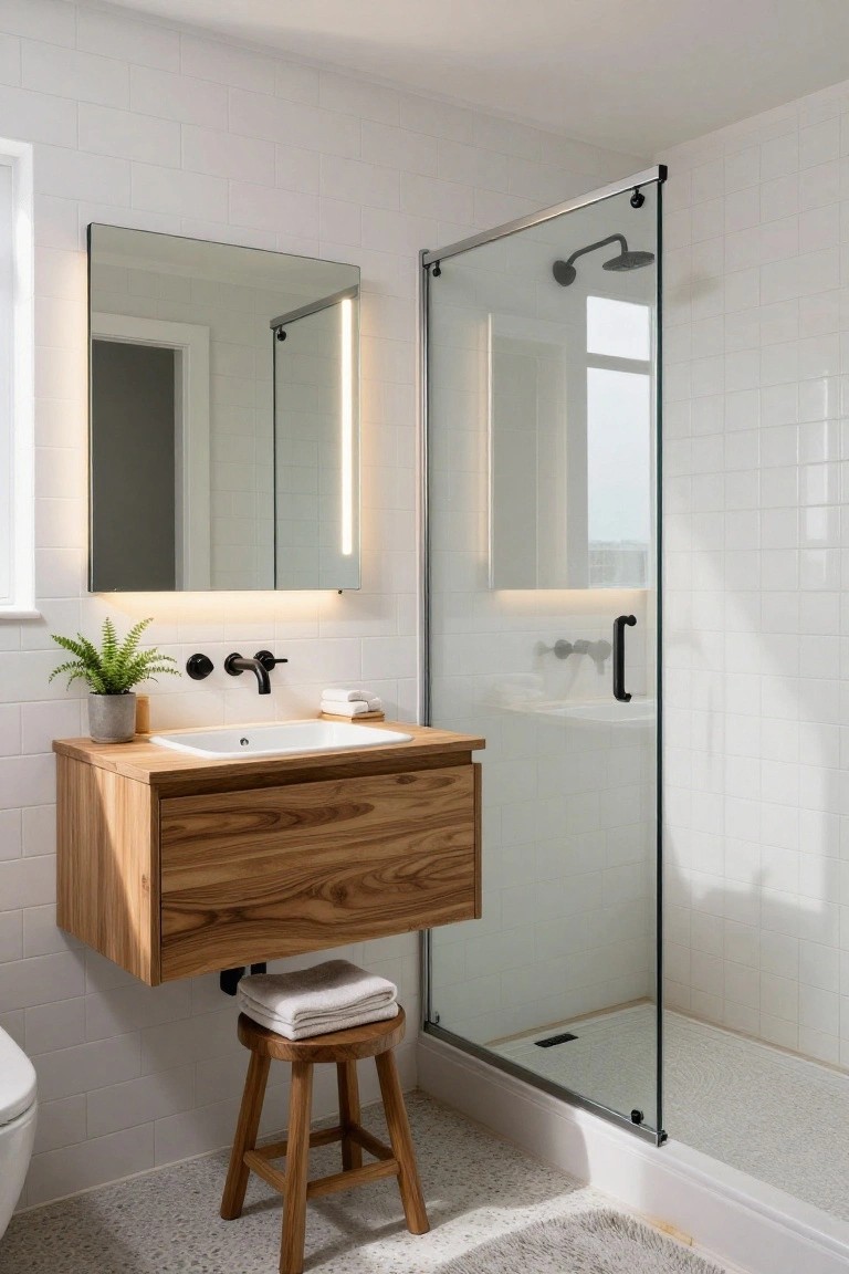 Small modern bathroom with white subway tile walls, floating wooden vanity and sink, frameless backlit wall mirror, glass shower enclosure with black hardware, wooden stool, potted plant, and white toilet on speckled floor.