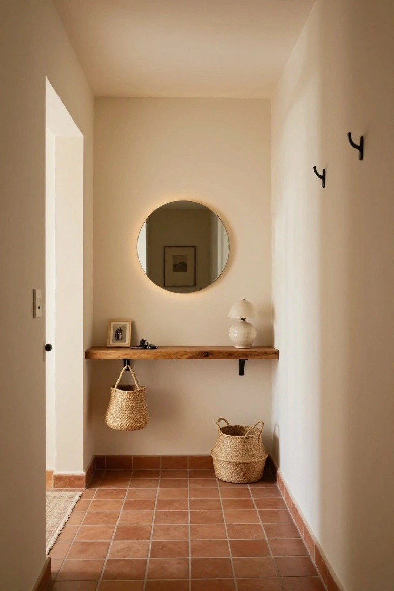 Narrow beige entryway with terracotta tile floor, floating wood shelf holding white ceramic lamp, photo frame, and keys, round backlit mirror above shelf, hanging wicker baskets, wall hooks, and open door.
