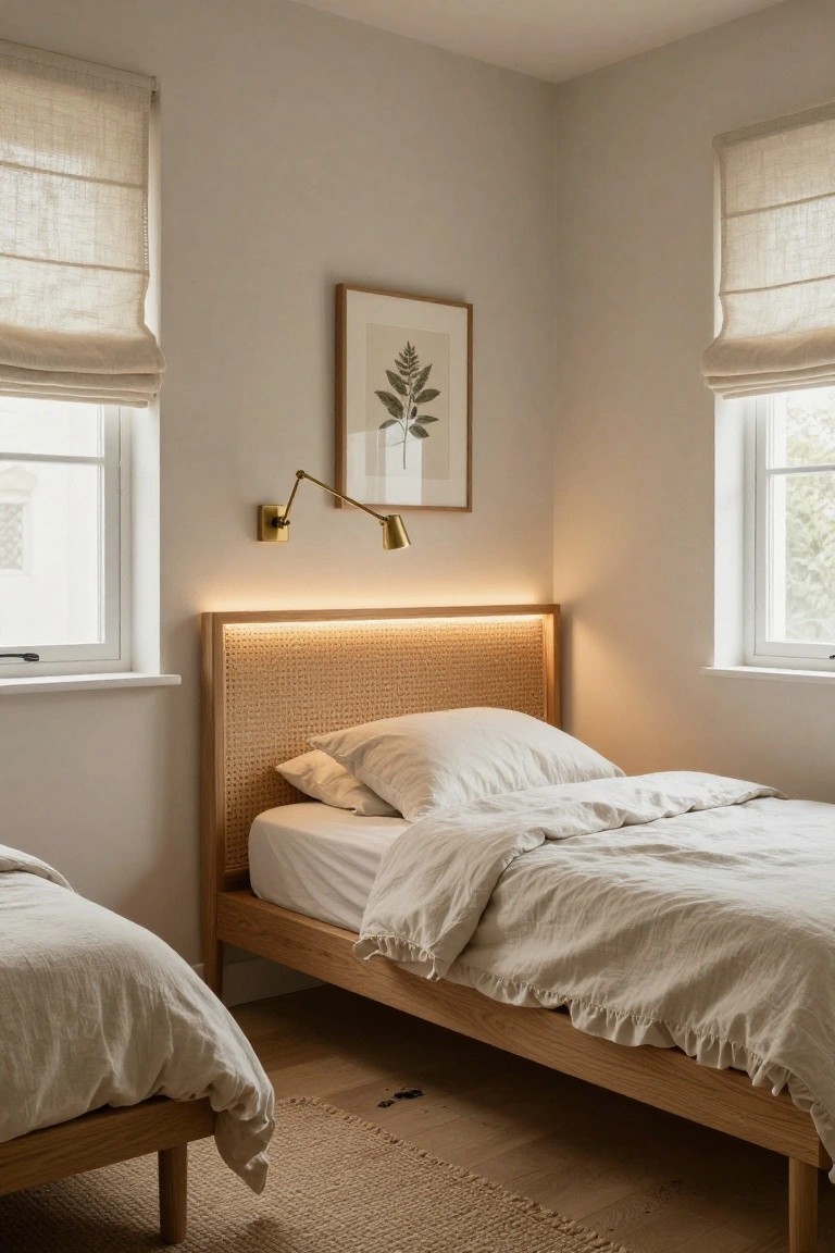 Corner of a light beige bedroom with two single platform beds draped in white linens, a rattan headboard with warm LED backlighting along the frame edge, brass wall sconce, linen roman shades on two windows, and a framed botanical print on the wall.