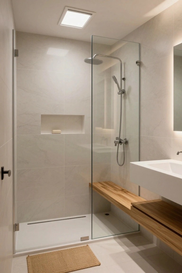 Small modern bathroom with light gray marble-look tiles, glass shower enclosure, wooden bench shelf, white floating sink, backlit mirror, and square flush-mounted ceiling light.