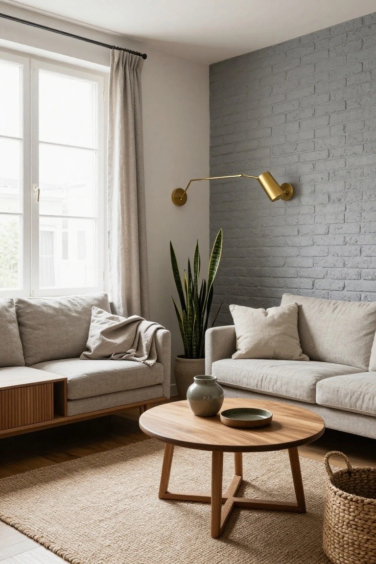 Cozy living room corner with two light gray linen sofas around a round wooden coffee table, a tall snake plant in a gray pot, a gold swing-arm wall lamp on a gray brick wall, a woven basket, and a window with beige curtains.