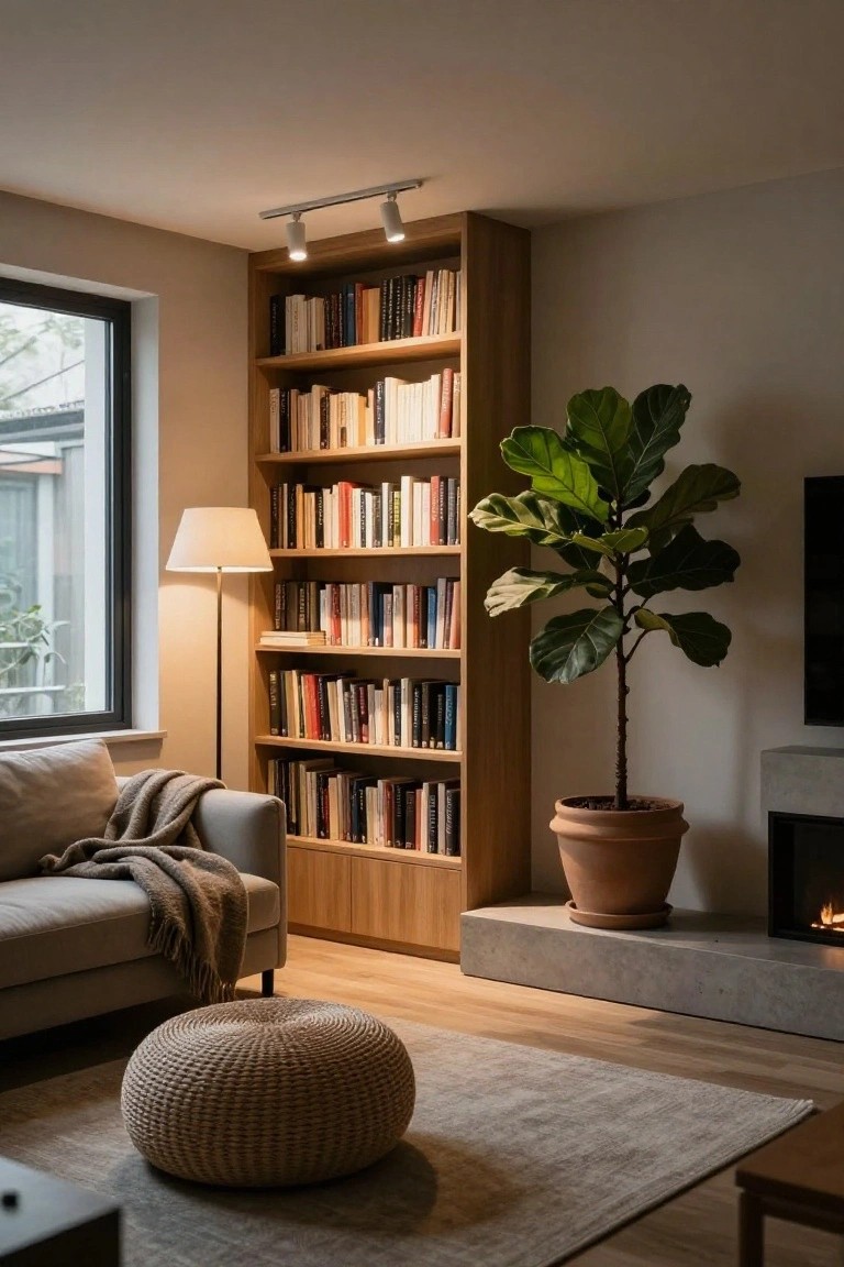 Modern living room interior with tall wooden bookshelves filled with books, gray sofa with throw blanket, large potted fiddle leaf fig plant, tall floor lamp, concrete fireplace with fire, woven pouf stool on light rug, and ceiling track spotlights.