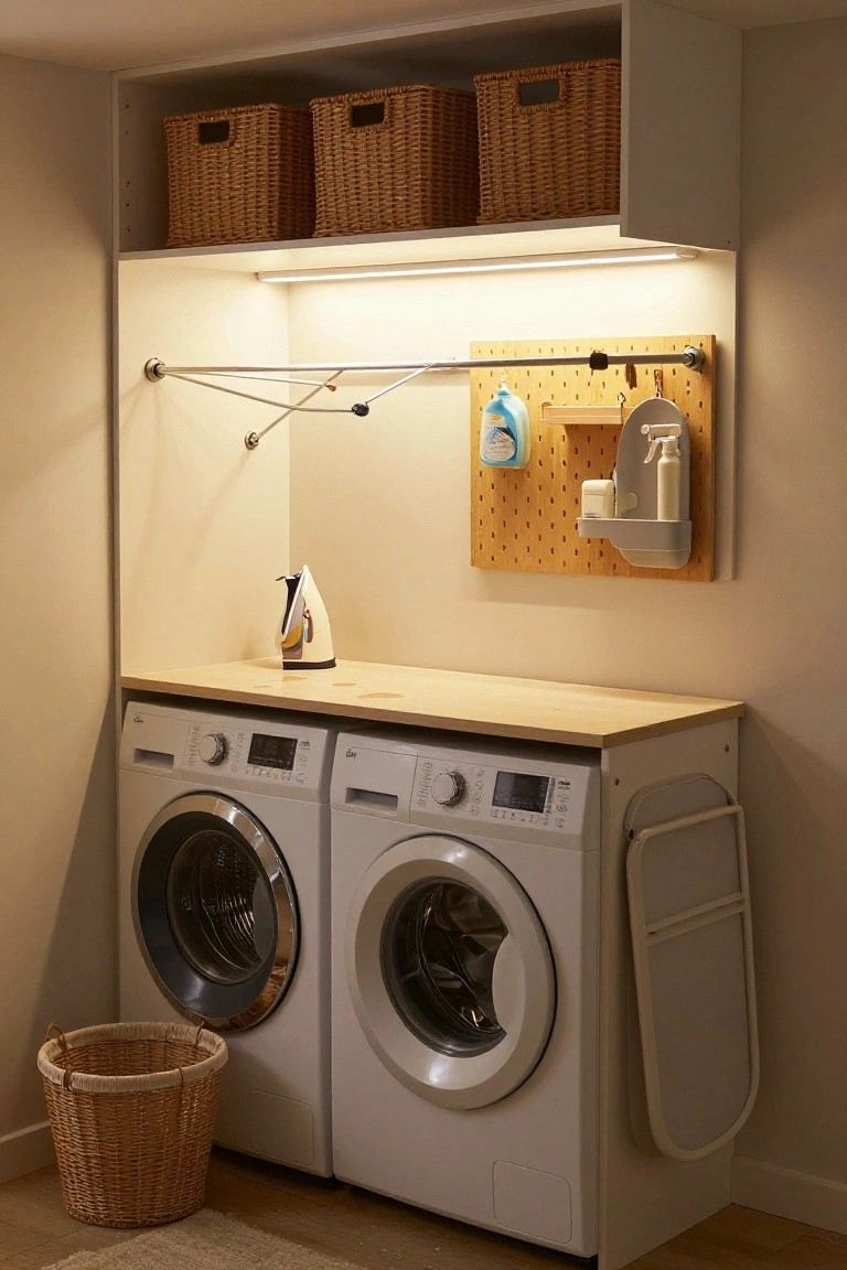 Compact indoor laundry room featuring two white front-loading washing machines under a wooden countertop, with under-cabinet LED strip lighting, overhead wicker baskets, orange pegboard storage, and a folding ironing board.