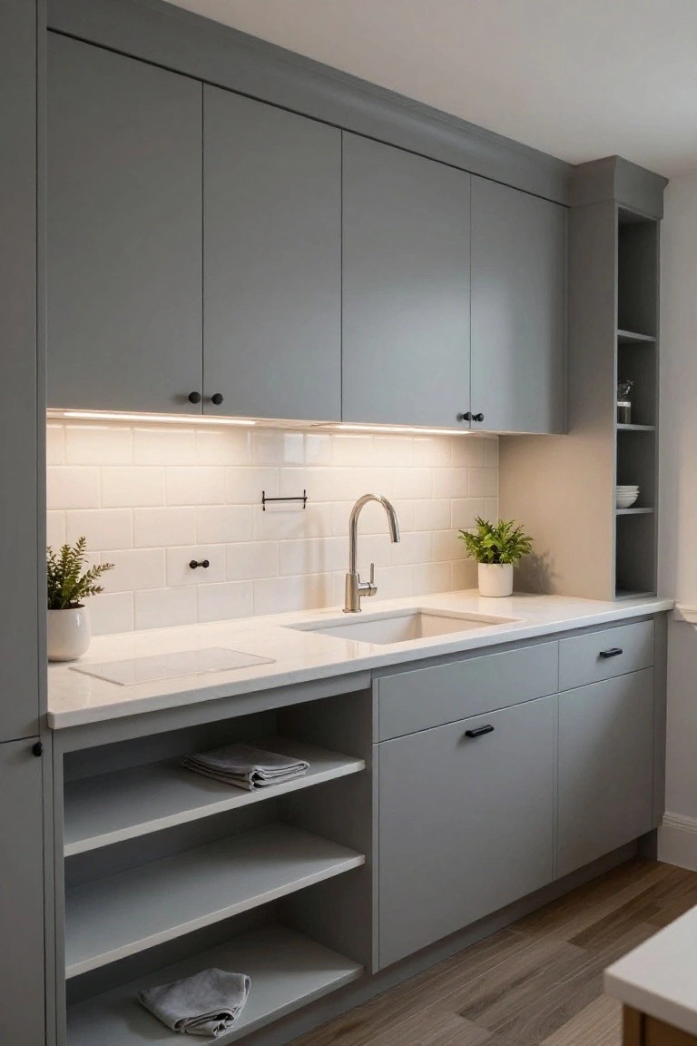 Gray flat-panel kitchen cabinets with upper and lower storage, white quartz countertop and integrated sink, white subway tile backsplash, under-cabinet LED lighting, plants, and open shelves.