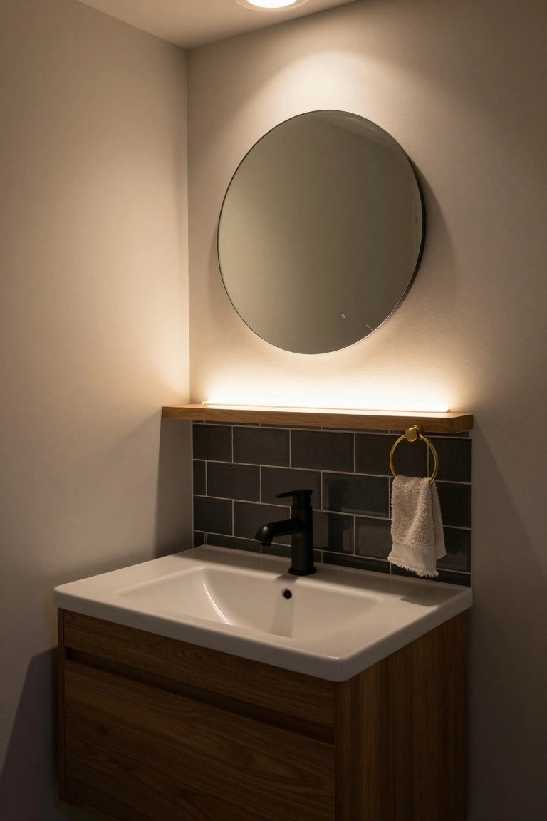 Small bathroom corner with white rectangular sink on wooden vanity cabinet, black matte faucet, dark gray subway tile backsplash, wooden floating shelf with white LED strip light underneath, gold towel ring with white towel, and round frameless mirror on light beige wall under ceiling light.
