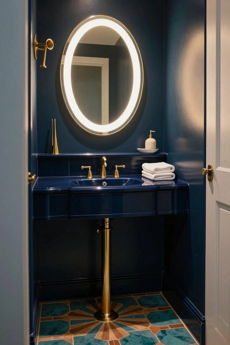 Small powder room with navy blue walls and trim, round backlit mirror above a navy pedestal sink with gold faucet, gold sconce and soap dish, colorful geometric floor tiles, white towels folded on shelf, door slightly open.
