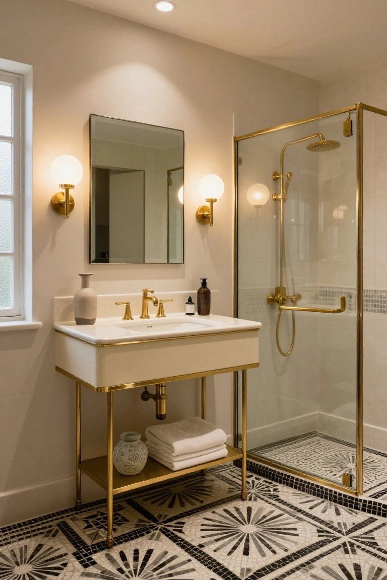 A bathroom with beige walls, a white vanity on gold legs, a black-framed mirror flanked by two brass wall sconces with white globe shades, a gold-framed glass shower enclosure, and a black-and-white starburst mosaic tile floor.