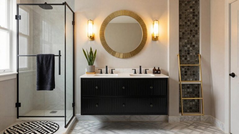18 Stunning Art Deco Bathroom Lighting Ideas You’ll Want To Try A bathroom interior with a black wood vanity topped by white marble and a gold faucet, flanked by gold sunburst mirror and matching sconces, glass shower enclosure with marble walls, and black and white patterned rug on marble floor.