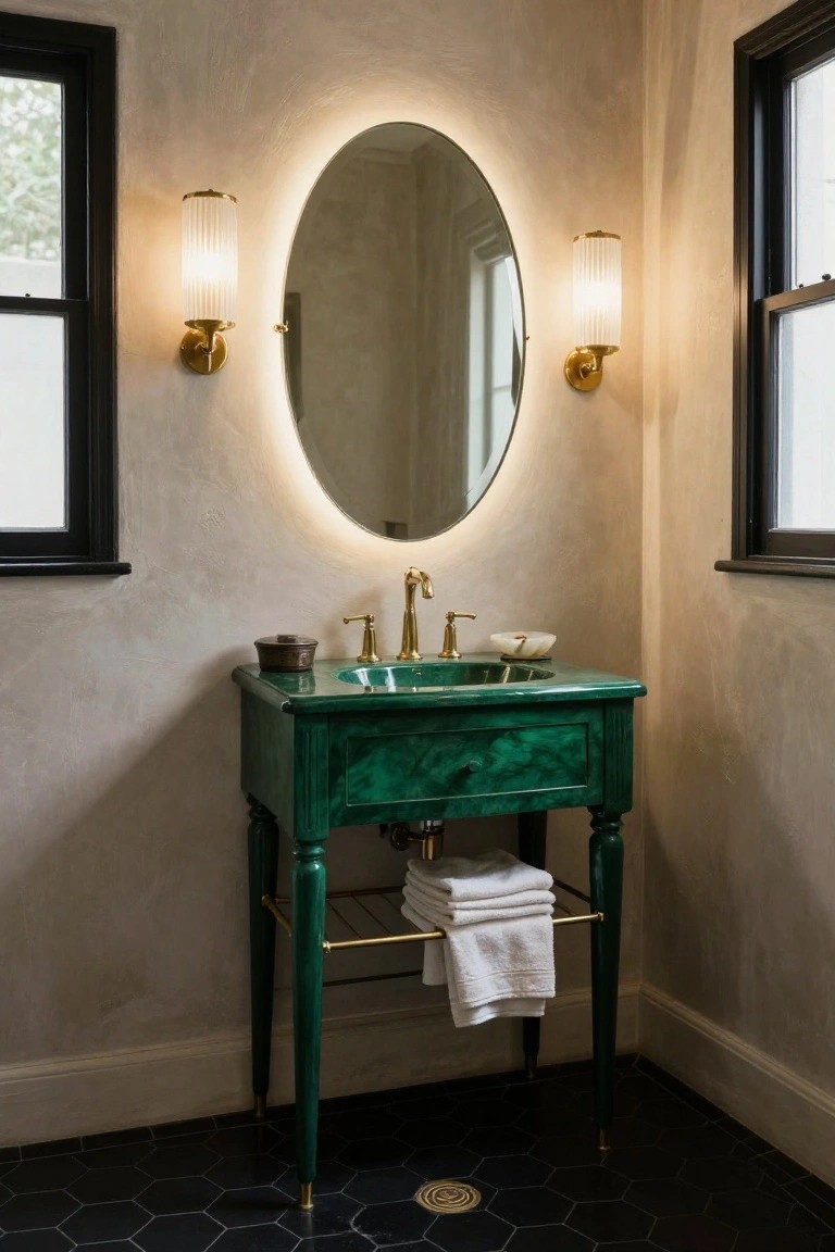 Corner bathroom with emerald green pedestal vanity, gold faucet and hardware, oval backlit mirror flanked by two gold-based fluted glass sconces mounted on beige textured walls above black hexagonal floor tiles.
