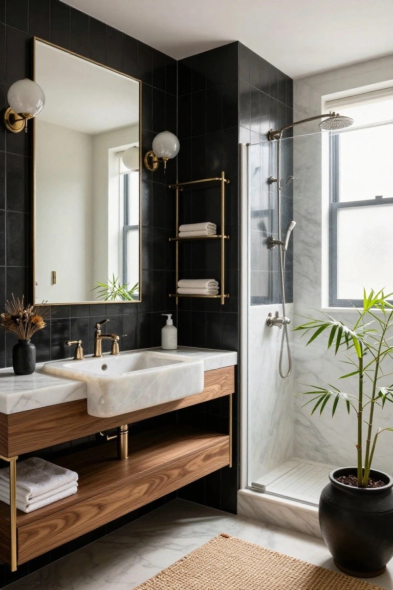 Bathroom with black subway tiles on walls, large rectangular gold-framed mirror flanked by two gold wall sconces with white globe shades, wooden vanity topped with white farmhouse sink and marble, glass shower enclosure, and potted plants on marble floor.