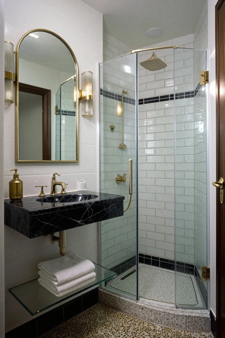 Small bathroom with white subway tile walls, curved glass shower enclosure, floating black marble sink, rounded gold mirror flanked by gold sconces with fluted glass shades, and gold hardware throughout.