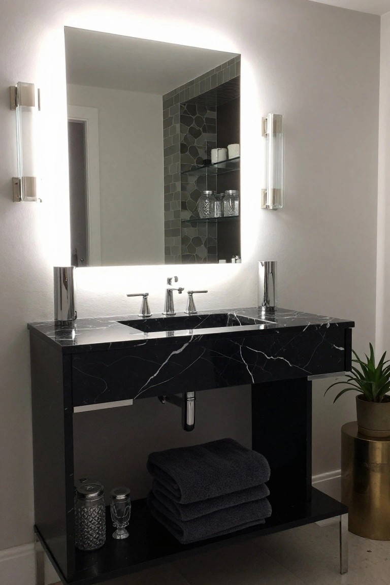 Modern bathroom vanity with rectangular backlit mirror, two vertical glass tube sconces on walls, black marble countertop and sink, open shelving with towels and jars below, and a potted plant nearby.