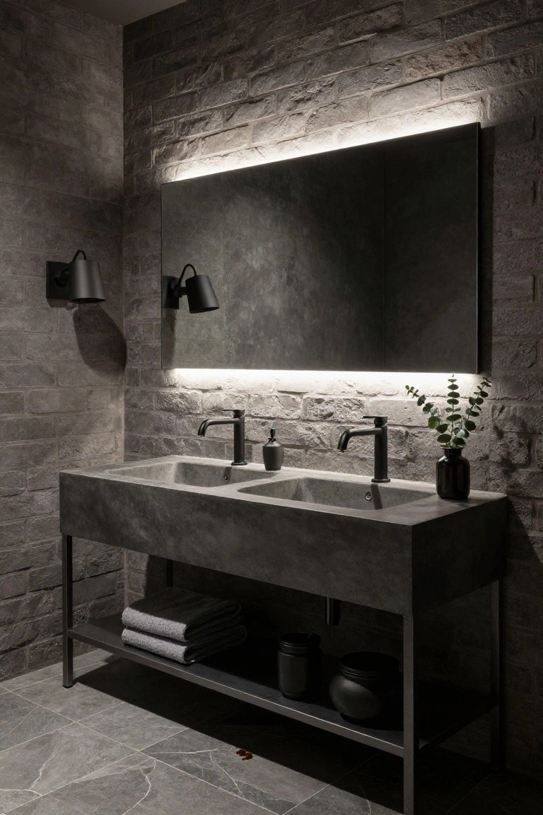 Modern bathroom featuring a large backlit rectangular mirror above a double gray concrete vanity with two black faucets, flanked by black wall sconces, gray brick walls, and dark floor tiles.