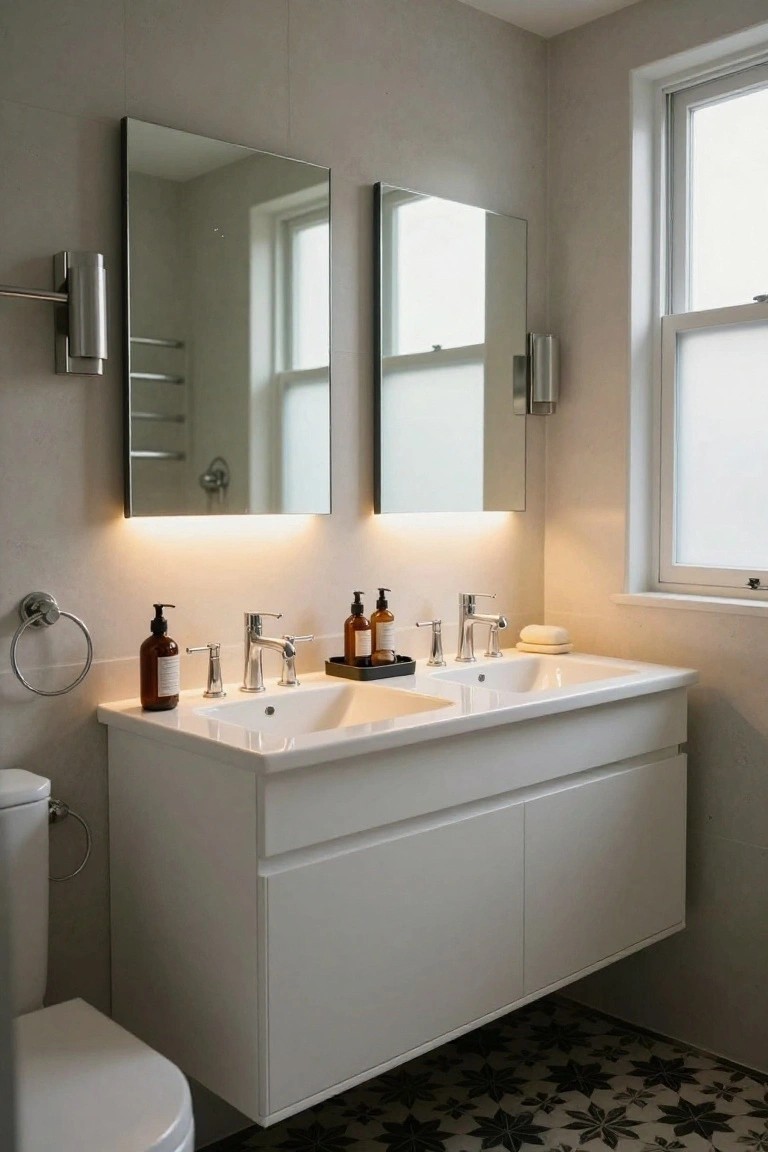 Bathroom with grey tiled walls, white double vanity and sinks, two backlit rectangular mirrors with LED glow, wall-mounted towel rails, toilet, and black star-patterned floor tiles.