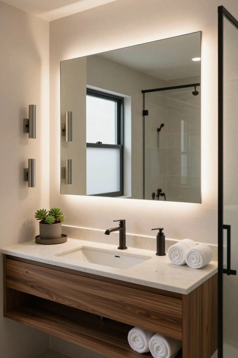 Modern bathroom with backlit rectangular mirror above wooden floating vanity, white sink, black faucet, folded towels, potted succulent, wall sconces, and glass shower enclosure.