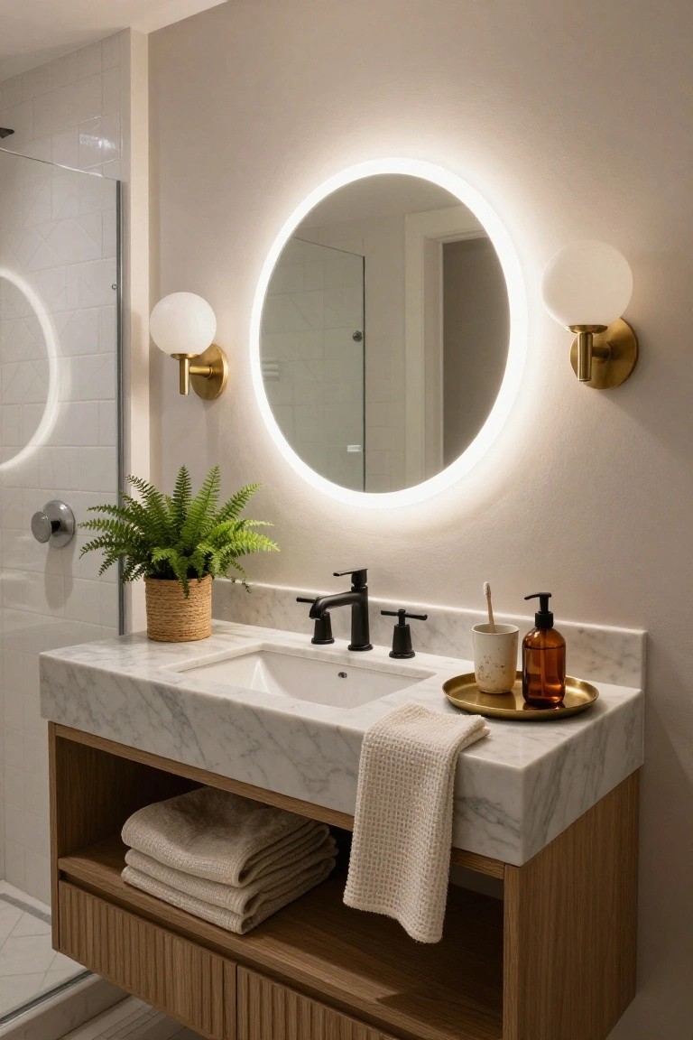 Modern bathroom vanity with white marble countertop, round backlit mirror, two gold sconces with white shades, wood cabinet below, potted fern, and glass shower enclosure in background.