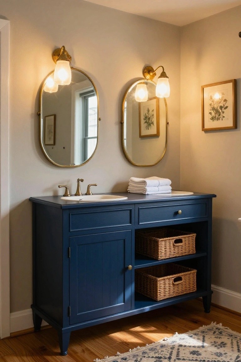 Bathroom double vanity in navy blue with two white sinks, gold brass faucets, flanked by two gold-framed arched mirrors each lit by brass sconces with oval milky glass shades, white towels stacked on top, wicker baskets in open shelves below, light gray walls, wood floor, and woven rug.
