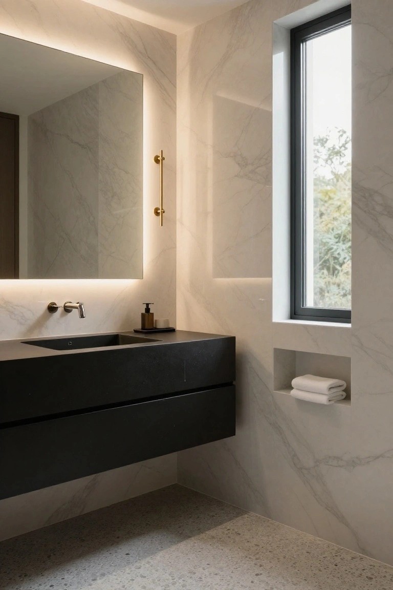 Modern marble bathroom with floating black vanity and backlit mirror.